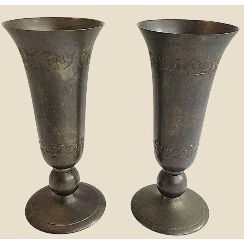 Brass Bud Vase Pair Vintage Etched Floral Farmhouse Decor Antique Gold